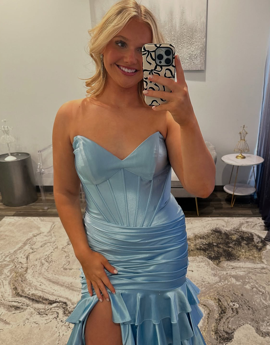 Royal Blue Mermaid Strapless Corset Tiered Satin Long Prom Dress with Slit