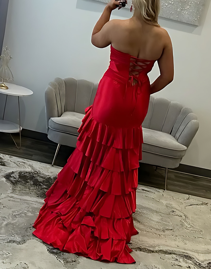 Royal Blue Mermaid Strapless Corset Tiered Satin Long Prom Dress with Slit