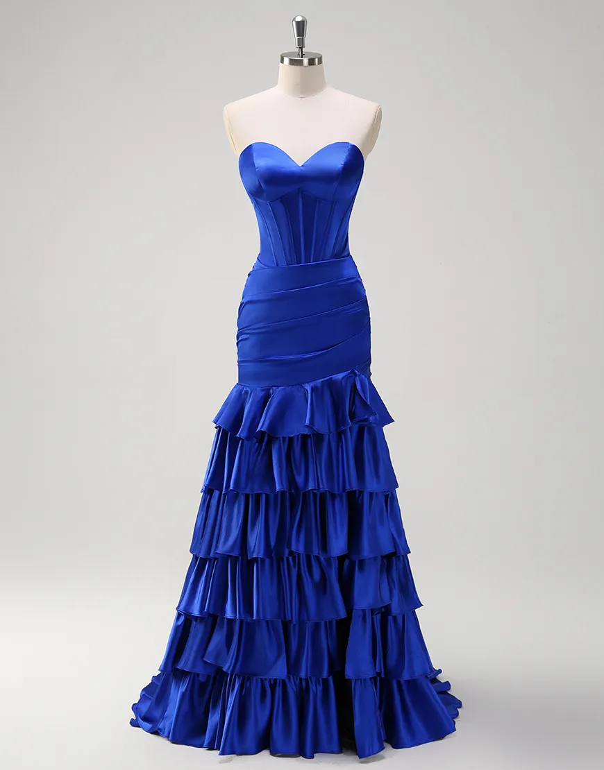 Royal Blue Mermaid Strapless Corset Tiered Satin Long Prom Dress with Slit
