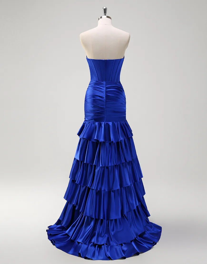 Royal Blue Mermaid Strapless Corset Tiered Satin Long Prom Dress with Slit