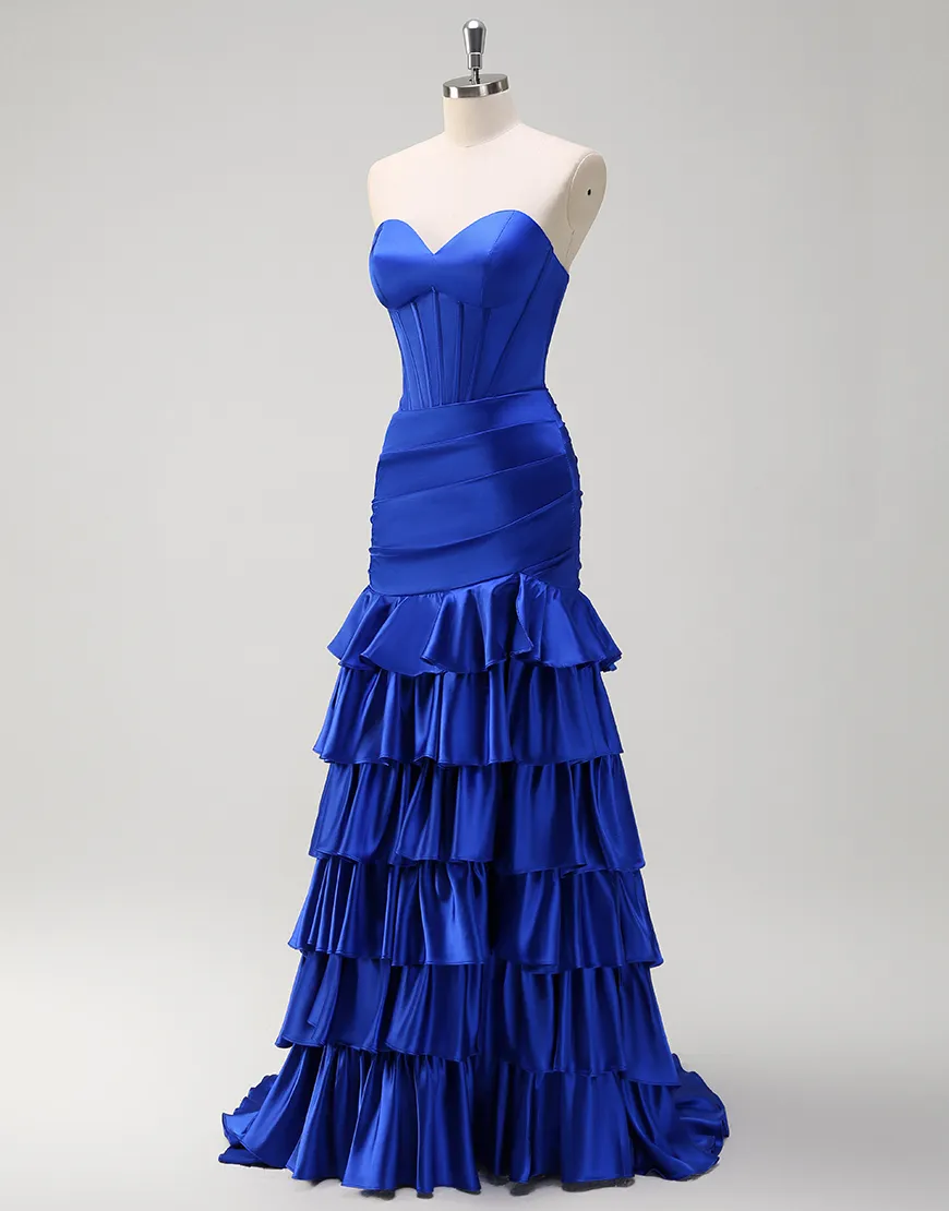 Royal Blue Mermaid Strapless Corset Tiered Satin Long Prom Dress with Slit