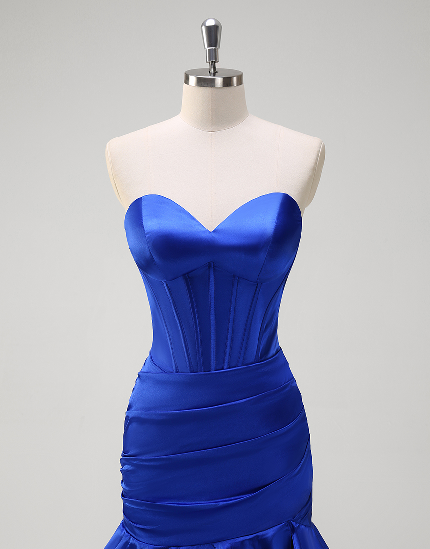 Mermaid Royal Blue Strapless Corset Tiered Satin Slit Long Prom Dress