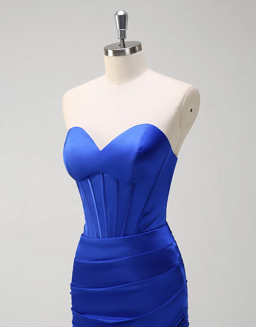 Royal Blue Mermaid Strapless Corset Tiered Satin Long Prom Dress with Slit