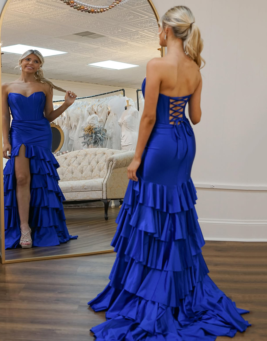 Mermaid Royal Blue Strapless Corset Tiered Satin Slit Long Prom Dress