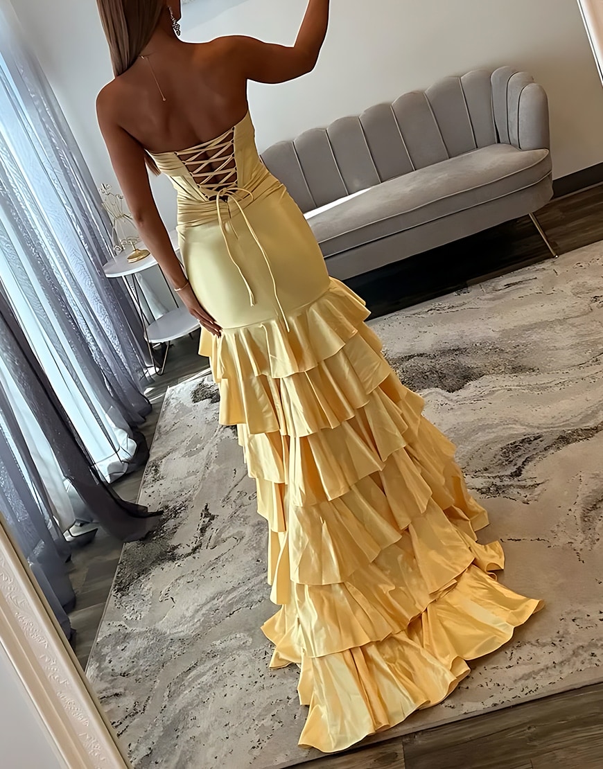 Royal Blue Mermaid Strapless Corset Tiered Satin Long Prom Dress with Slit