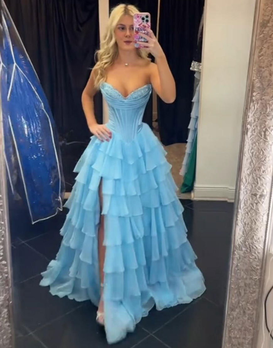 Orange Corset Tiered Strapless Ruffled Long Prom Dress with Slit