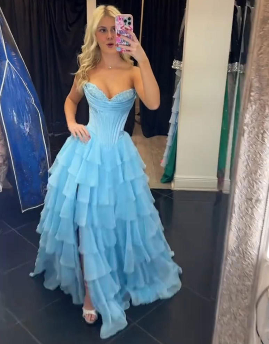 Orange Corset Tiered Strapless Ruffled Long Prom Dress with Slit