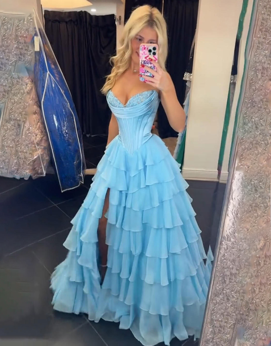 Orange Corset Tiered Strapless Ruffled Long Prom Dress with Slit