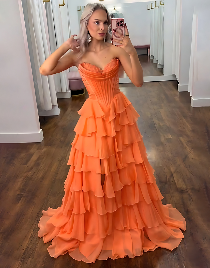 Orange Corset Tiered Strapless Ruffled Long Prom Dress with Slit
