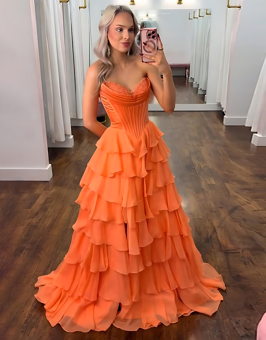 Orange Corset Tiered Strapless Ruffled Long Prom Dress with Slit
