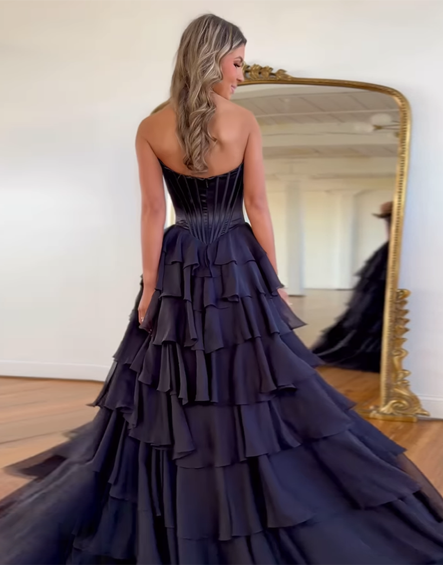 Black A-Line Strapless Corset Ruffles Long Prom Dress with Slit