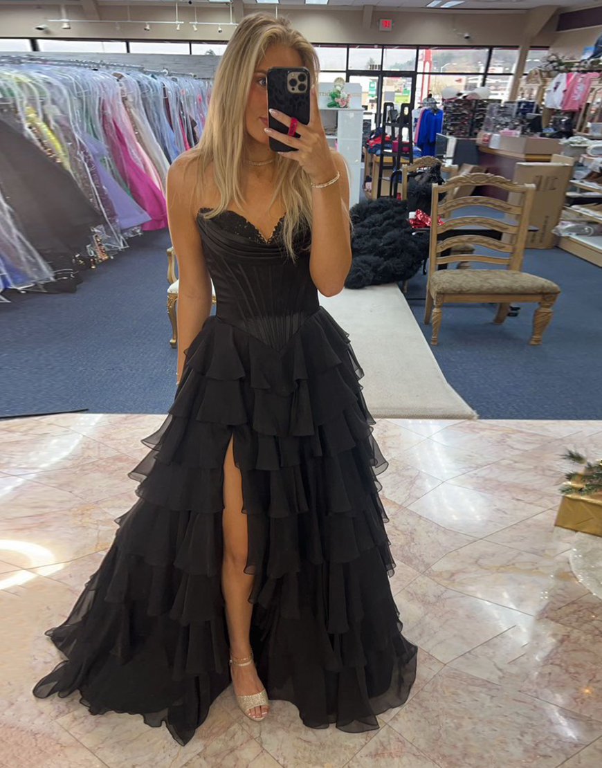 Blue A-Line Strapless Corset Tiered Long Prom Dress with Slit