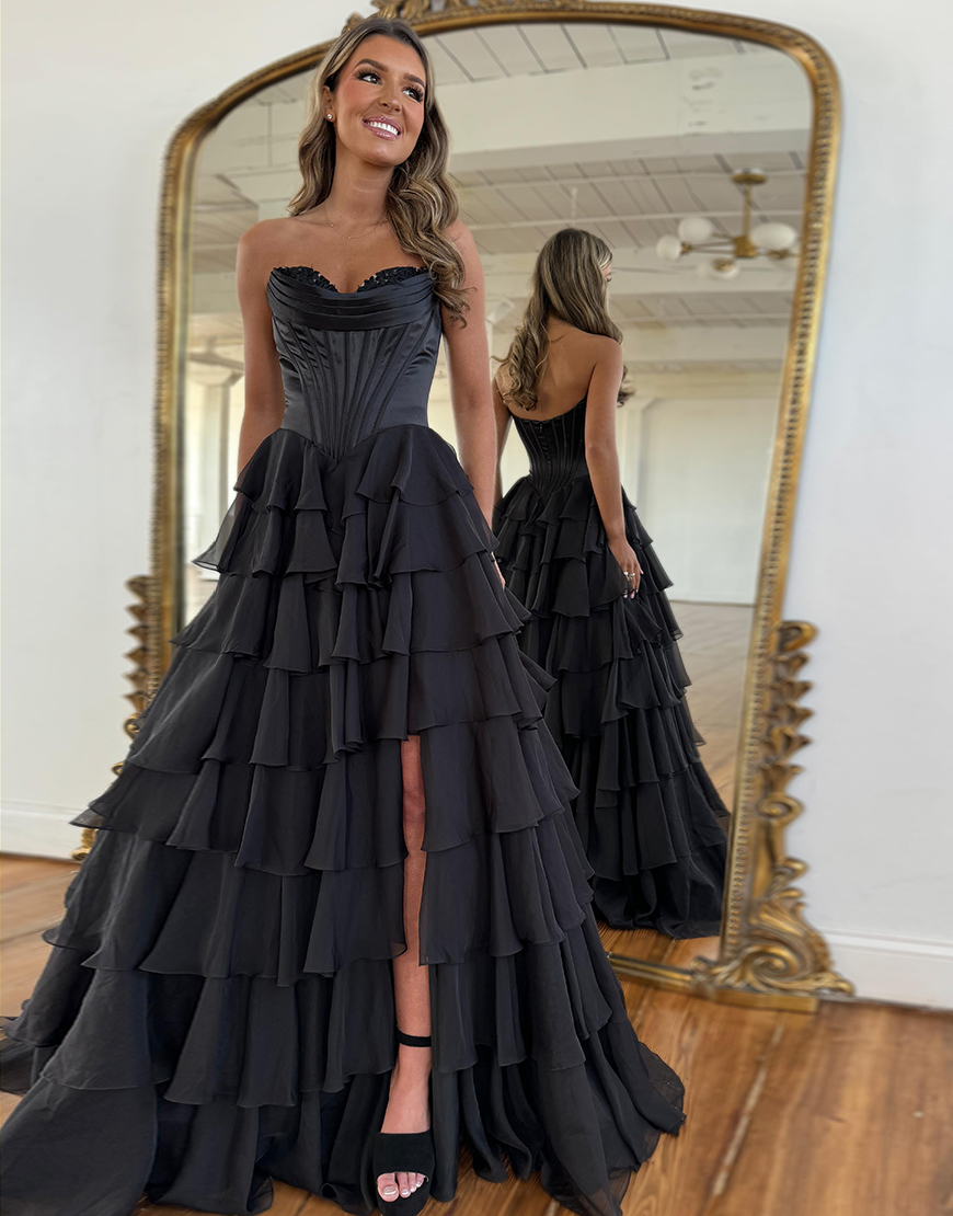 Black A-Line Strapless Corset Ruffles Long Prom Dress with Slit
