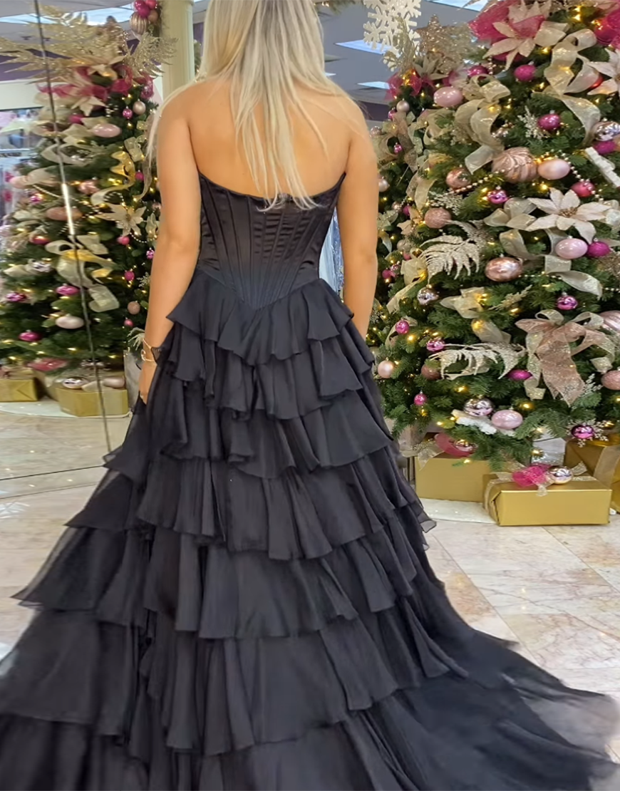 Blue A-Line Strapless Corset Tiered Long Prom Dress with Slit