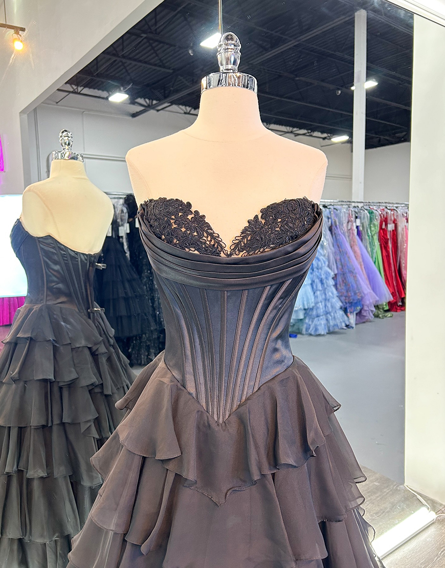 Yellow A-Line Strapless Tulle Chiffon Long Corset Prom Dress with Slit