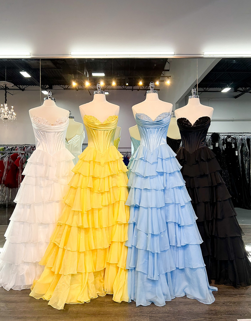 Blue A-Line Strapless Corset Tiered Long Prom Dress with Slit