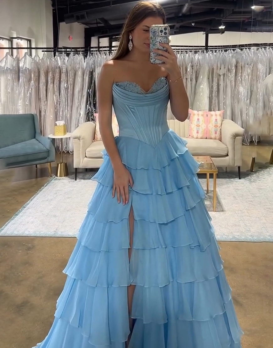 Blue A-Line Strapless Tiered Corset Long Prom Dress with Slit