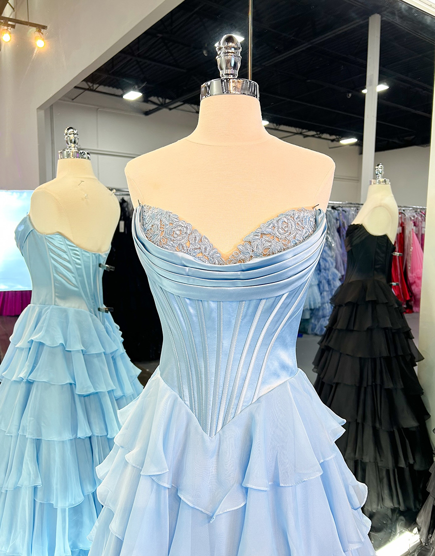 Blue A-Line Strapless Corset Tiered Long Prom Dress with Slit