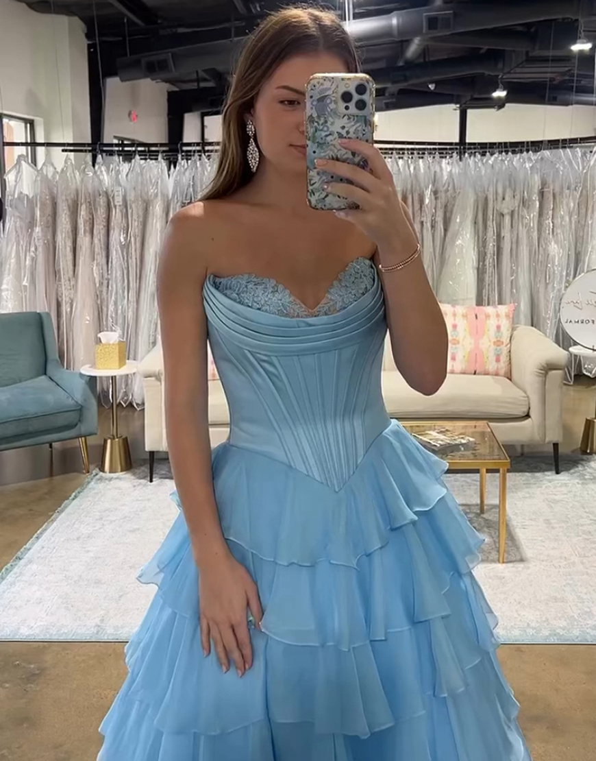 Blue A-Line Strapless Tiered Corset Long Prom Dress with Slit