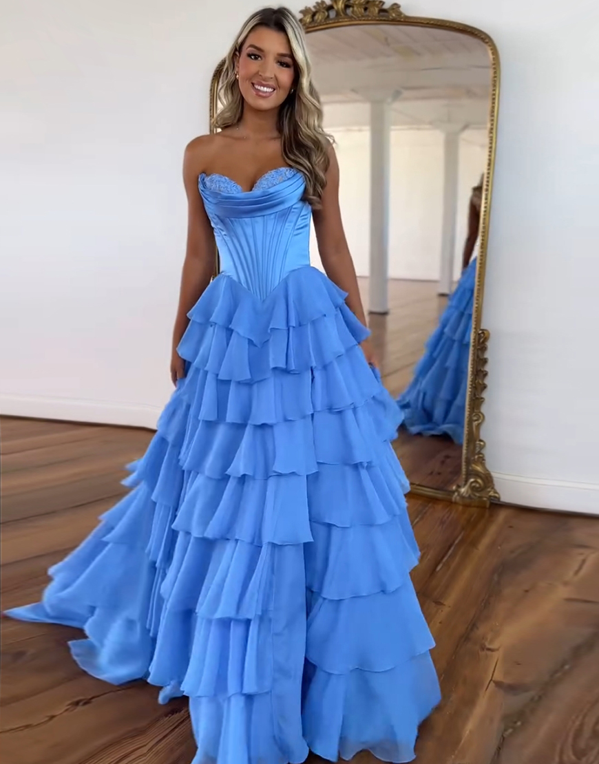 Blue A-Line Strapless Corset Tiered Long Prom Dress with Slit