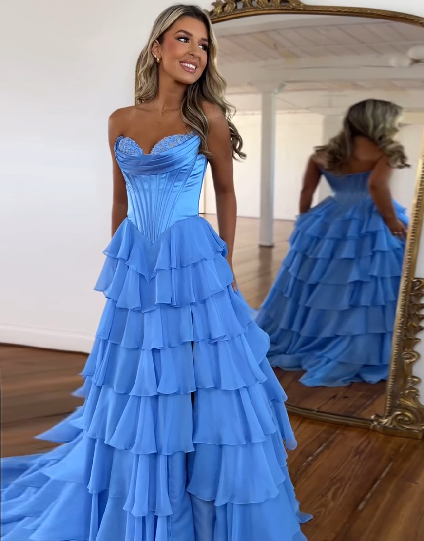 Blue A-Line Strapless Corset Tiered Long Prom Dress with Slit