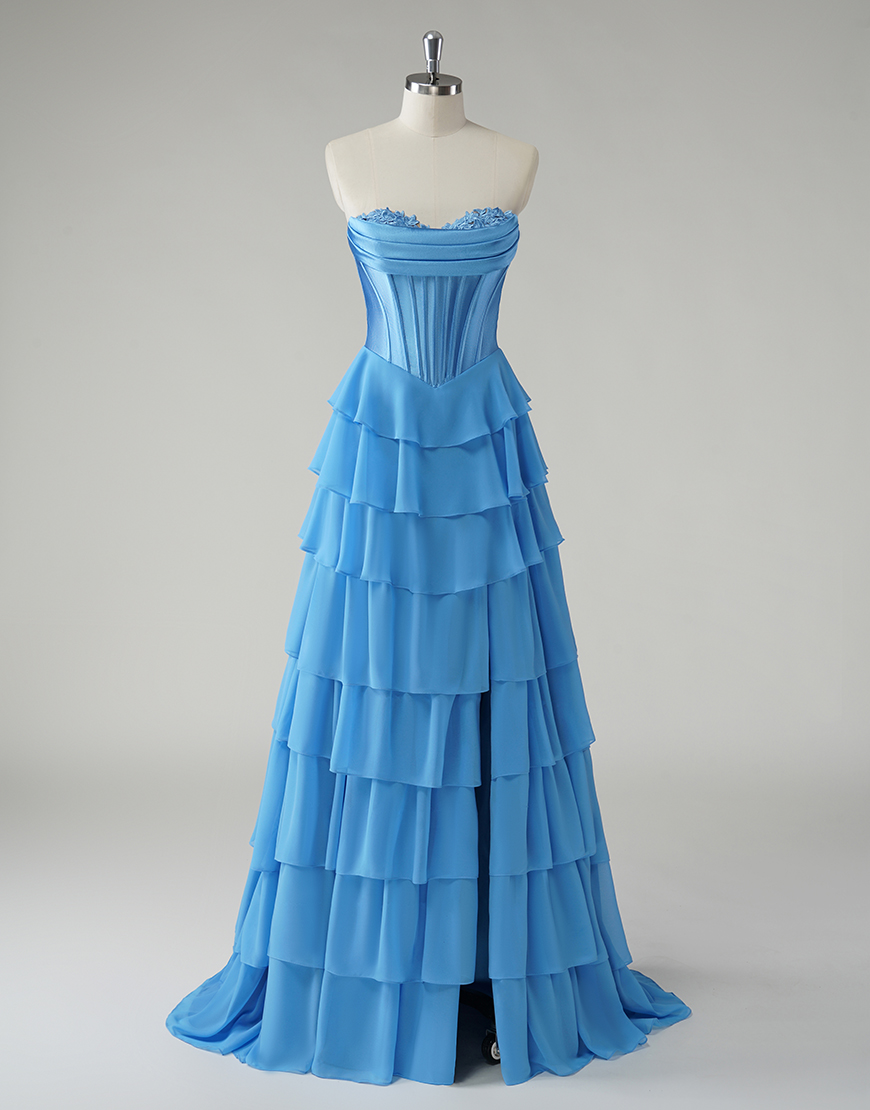 Blue A-Line Strapless Corset Tiered Long Prom Dress with Slit