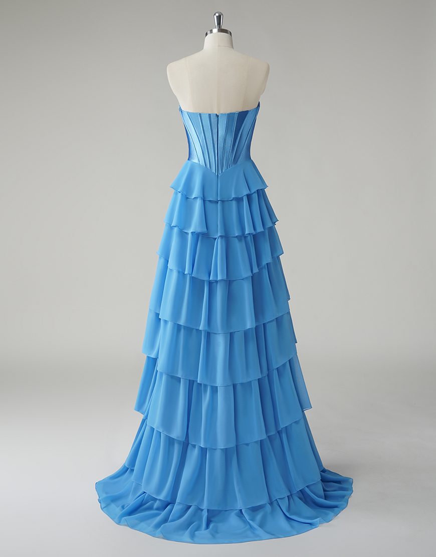 Blue A-Line Strapless Corset Tiered Long Prom Dress with Slit