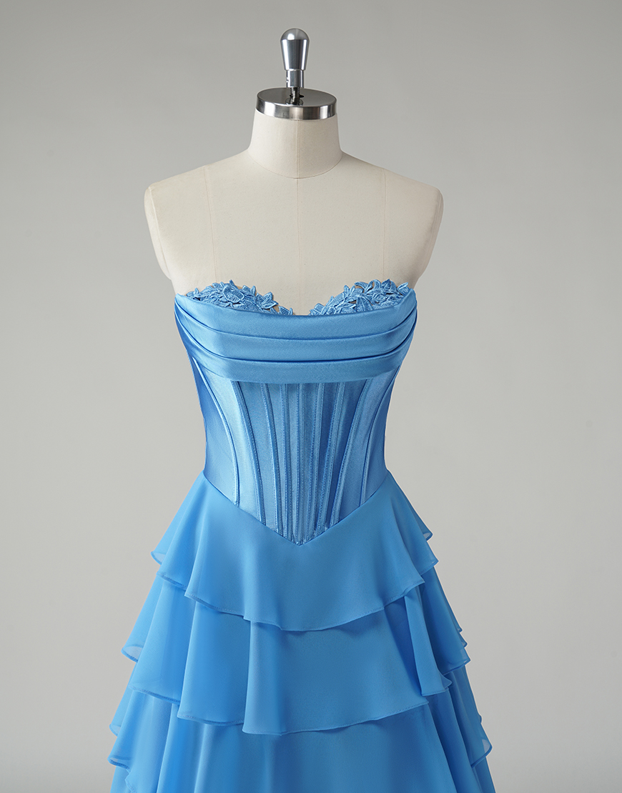 Princess Blue A-Line Strapless Corset Tiered Long Prom Dress with Slit