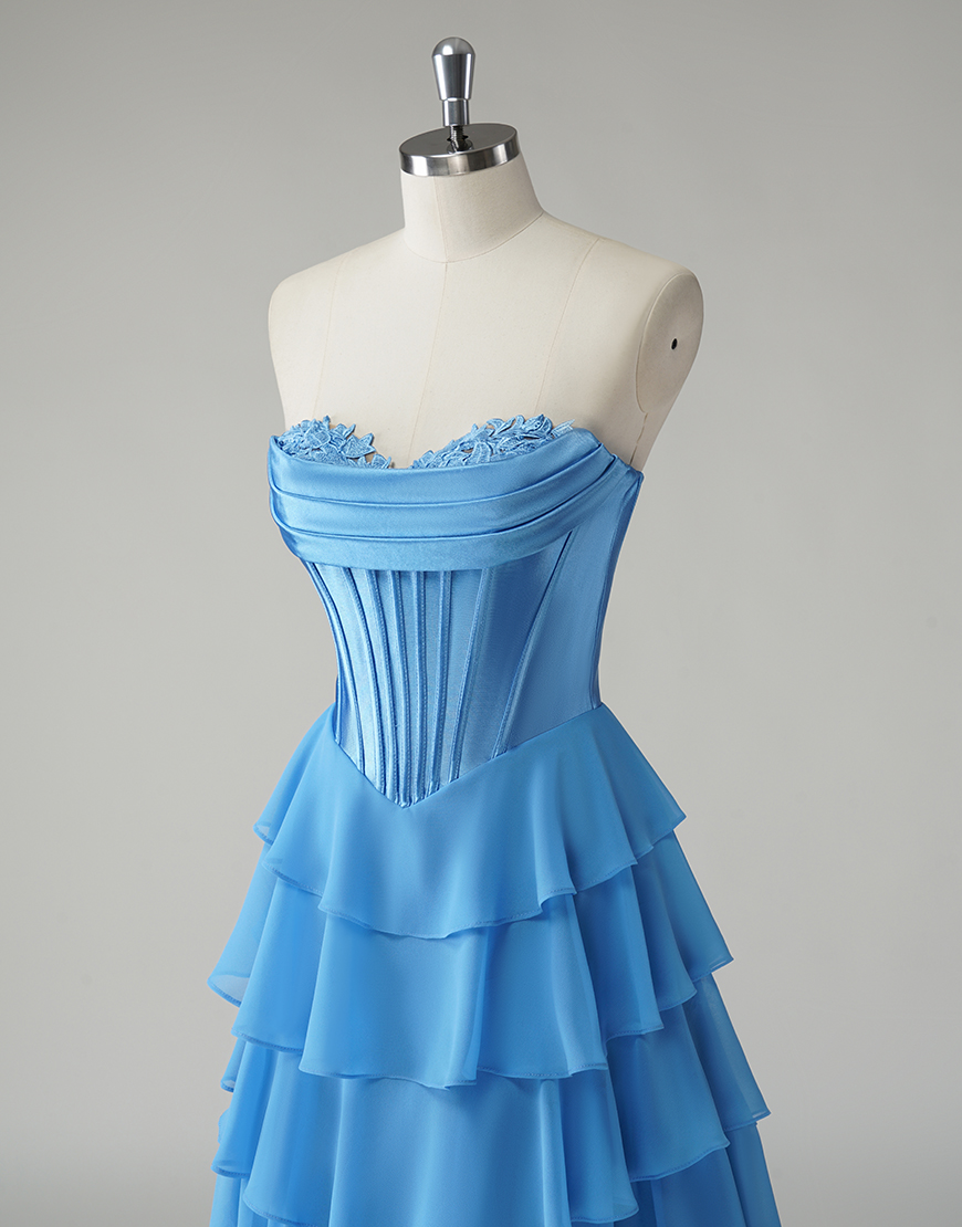 Princess Blue A-Line Strapless Corset Tiered Long Prom Dress with Slit