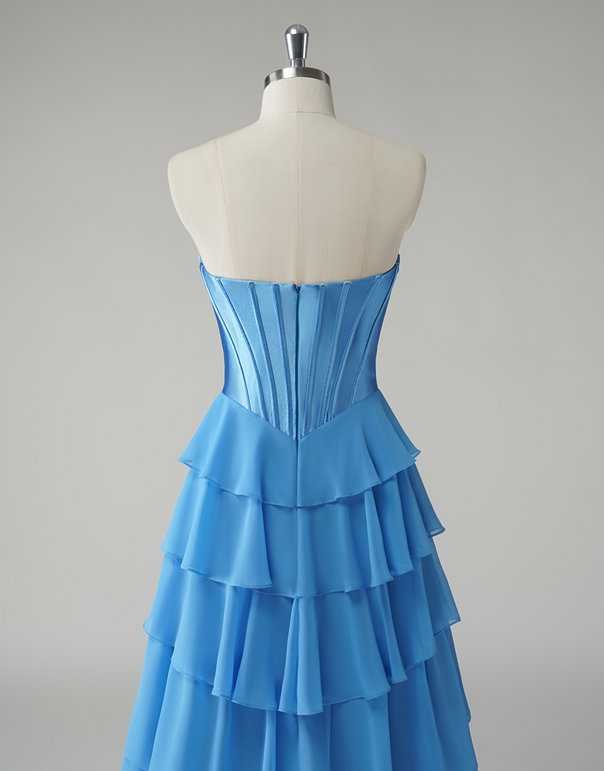 Princess Blue A-Line Strapless Corset Tiered Long Prom Dress with Slit