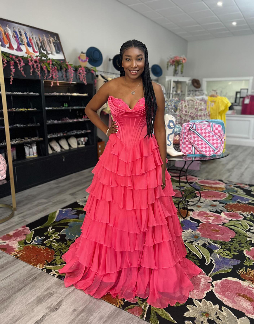 Blue A-Line Strapless Corset Tiered Long Prom Dress with Slit