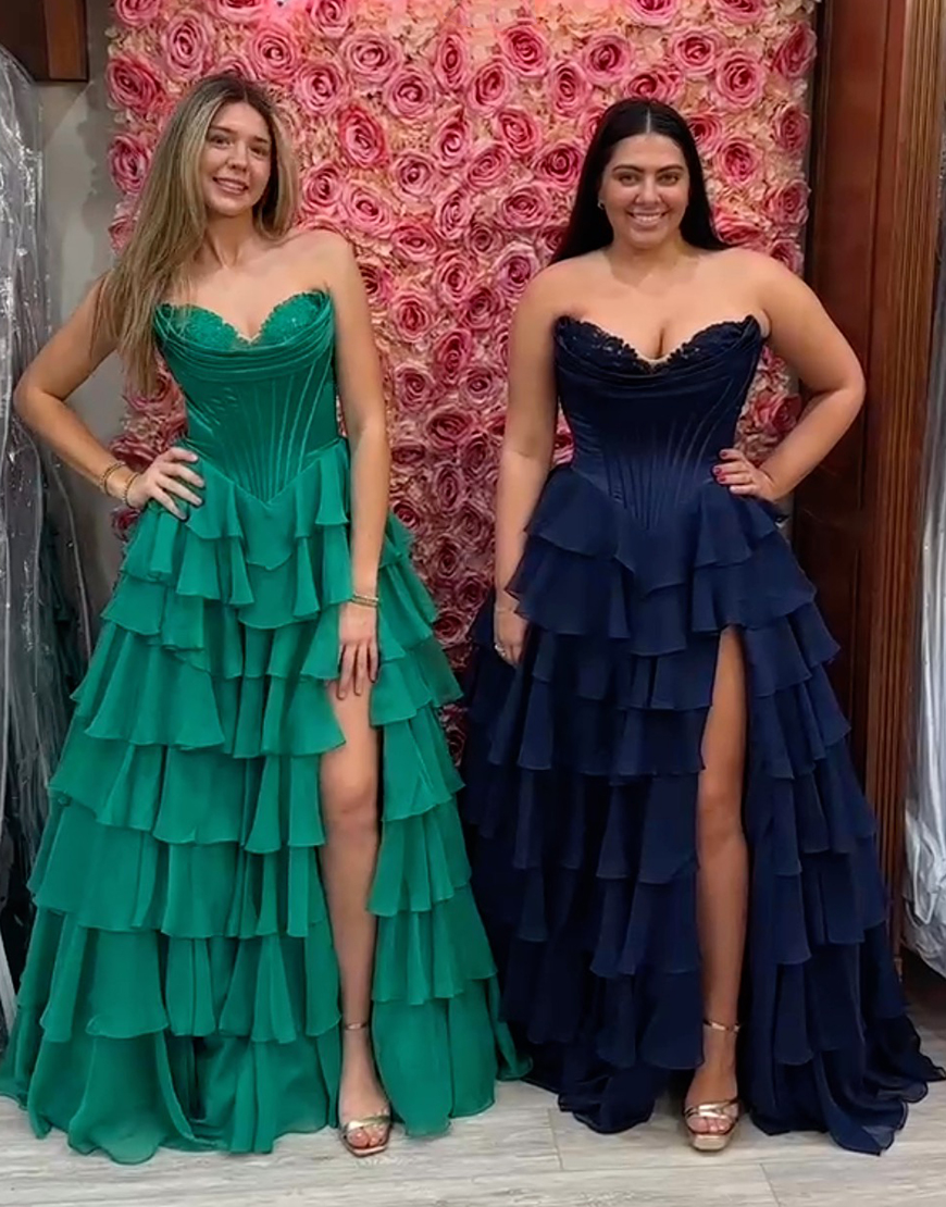 Blue A-Line Strapless Corset Tiered Long Prom Dress with Slit