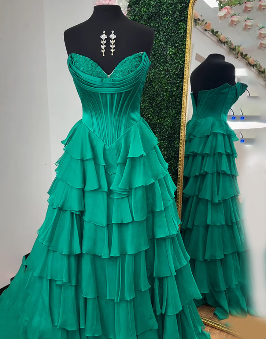 Blue A-Line Strapless Corset Tiered Long Prom Dress with Slit