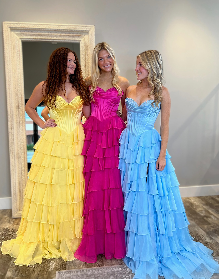 Blue A-Line Strapless Corset Tiered Long Prom Dress with Slit