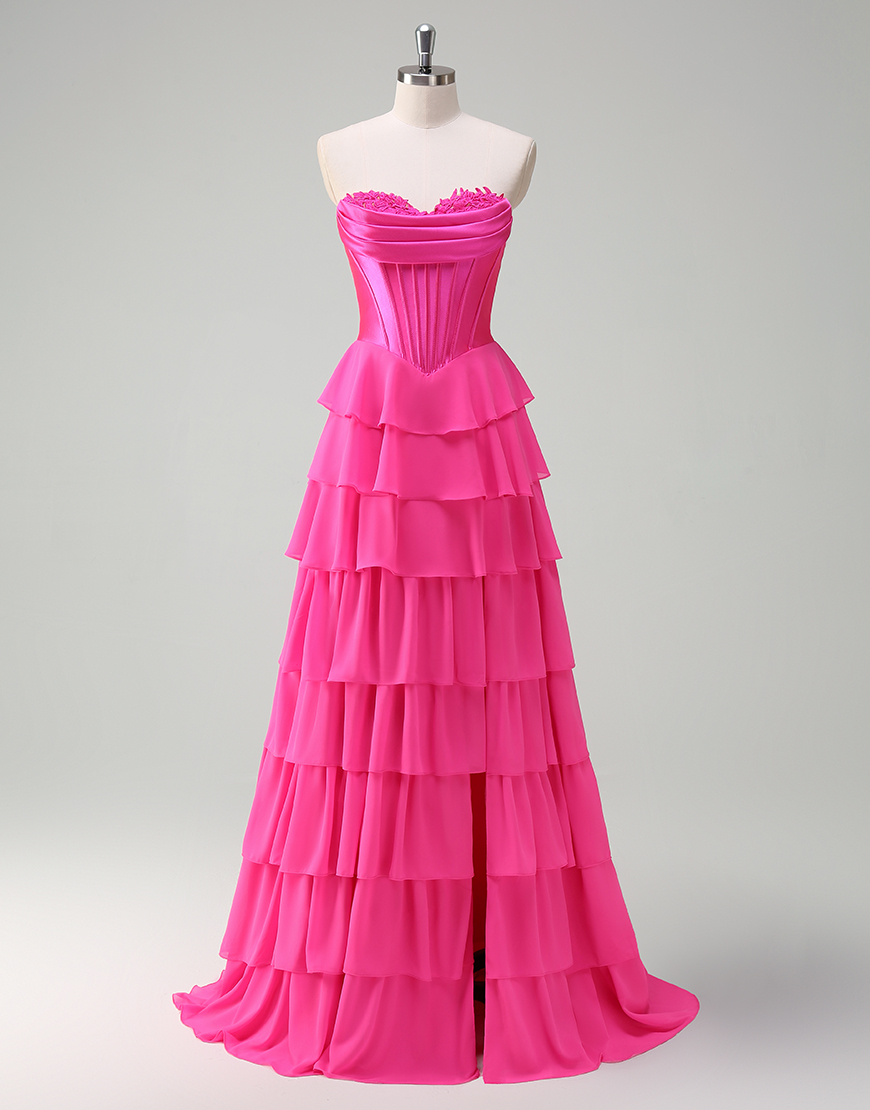 Blue A-Line Strapless Corset Tiered Long Prom Dress with Slit