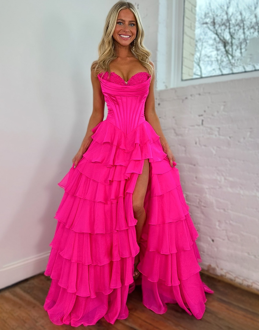 Blue A-Line Strapless Corset Tiered Long Prom Dress with Slit