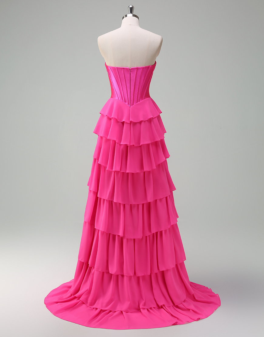 Blue A-Line Strapless Corset Tiered Long Prom Dress with Slit