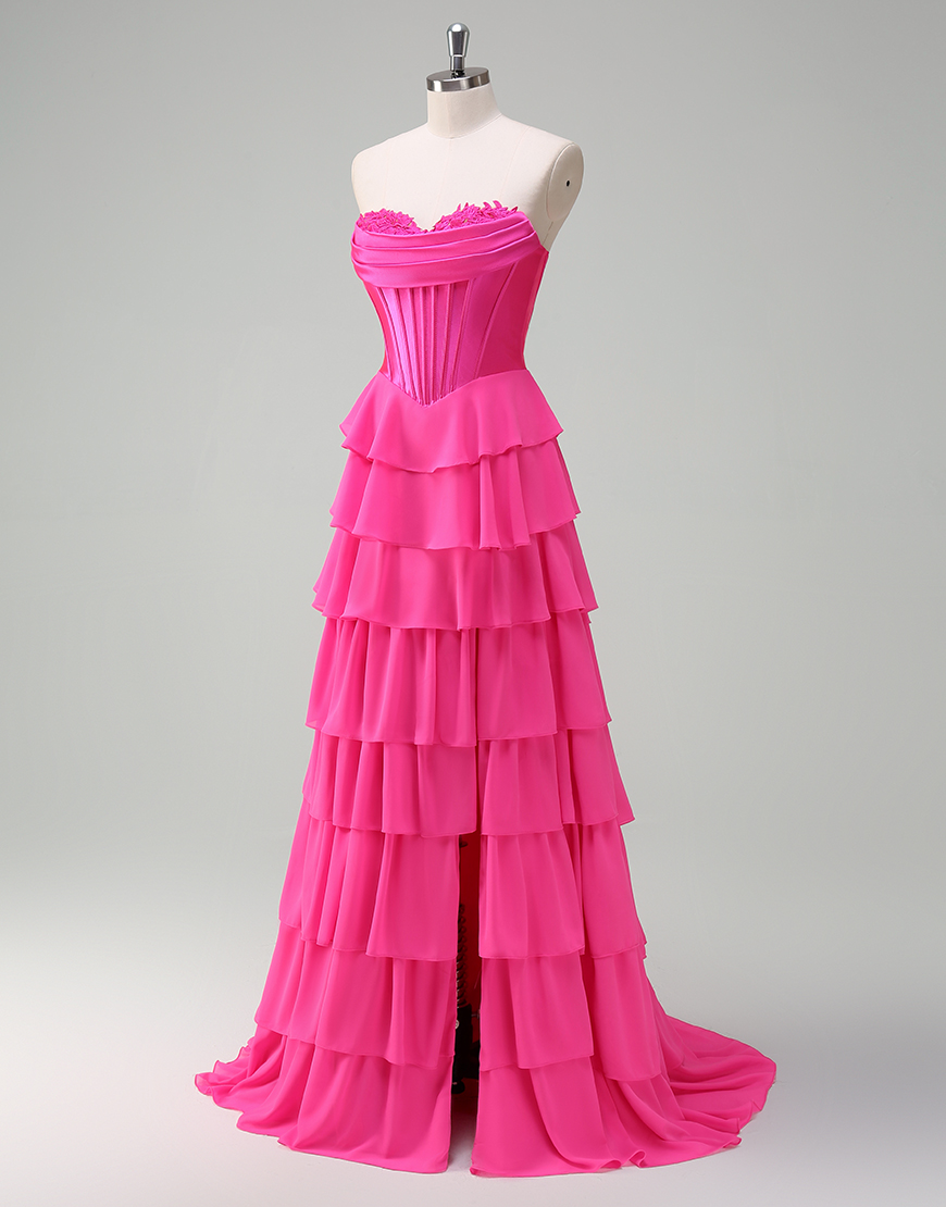 Blue A-Line Strapless Corset Tiered Long Prom Dress with Slit