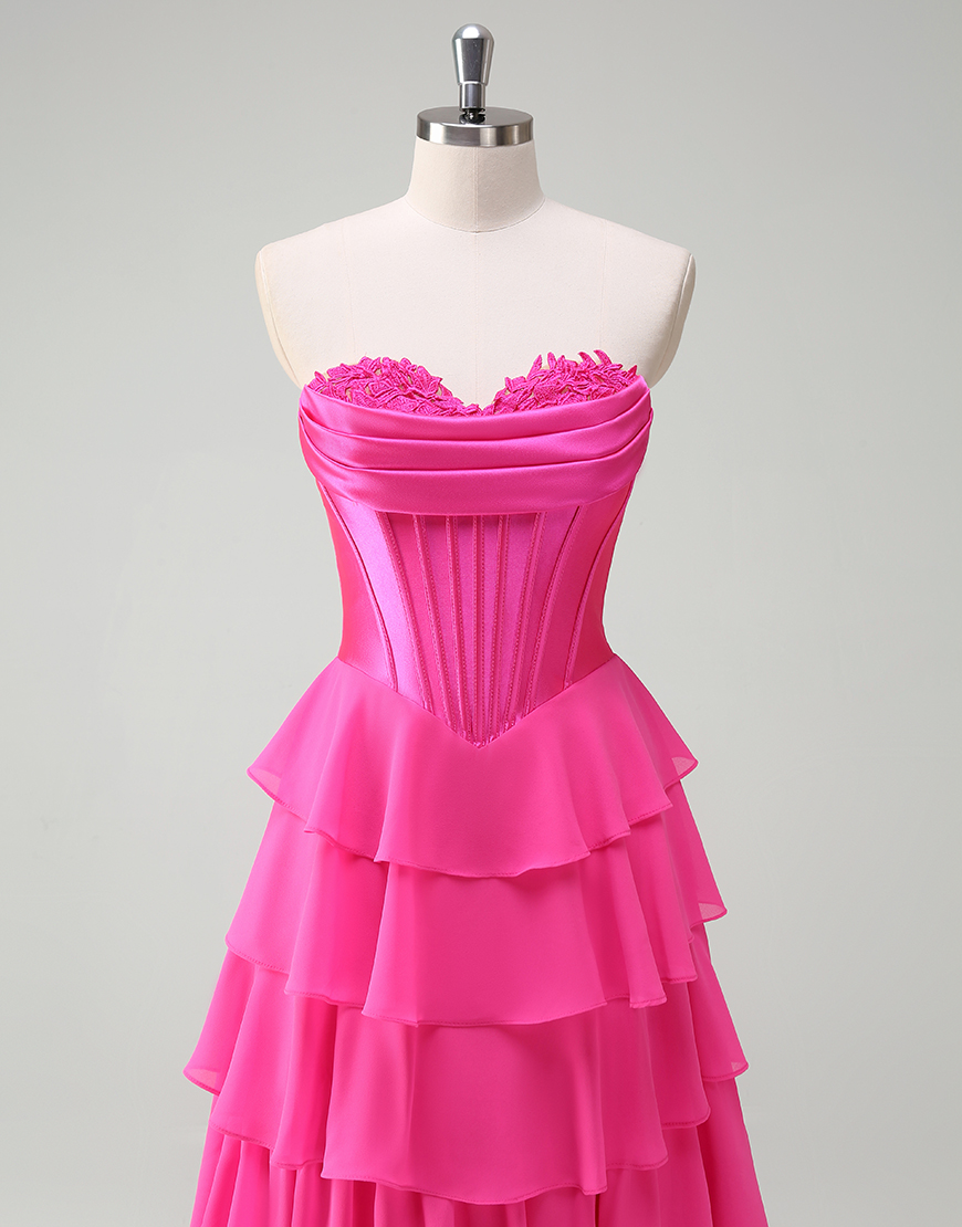 Blue A-Line Strapless Corset Tiered Long Prom Dress with Slit