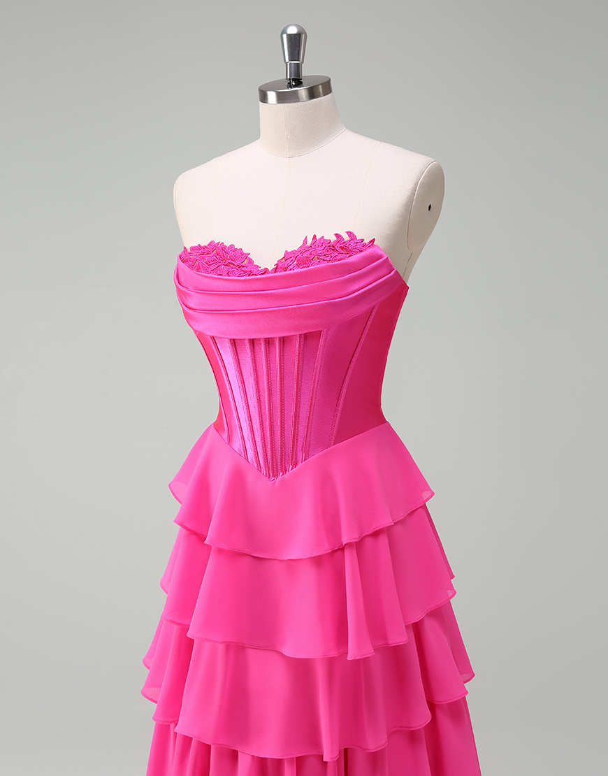 Blue A-Line Strapless Corset Tiered Long Prom Dress with Slit