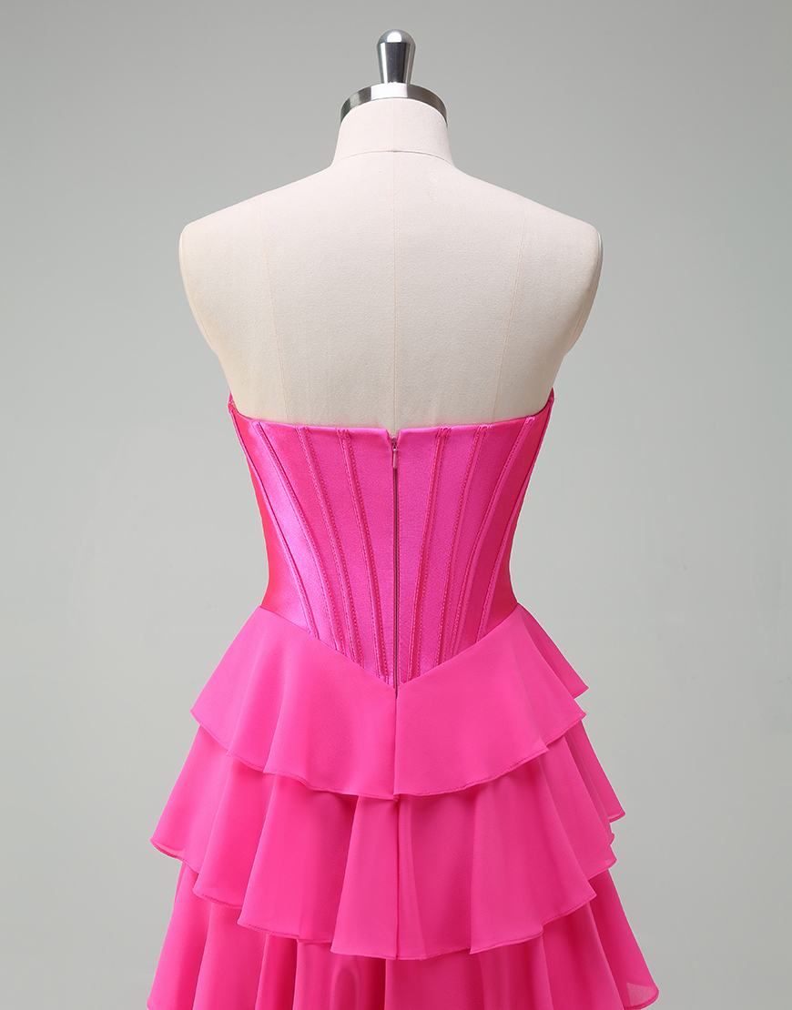 Blue A-Line Strapless Corset Tiered Long Prom Dress with Slit