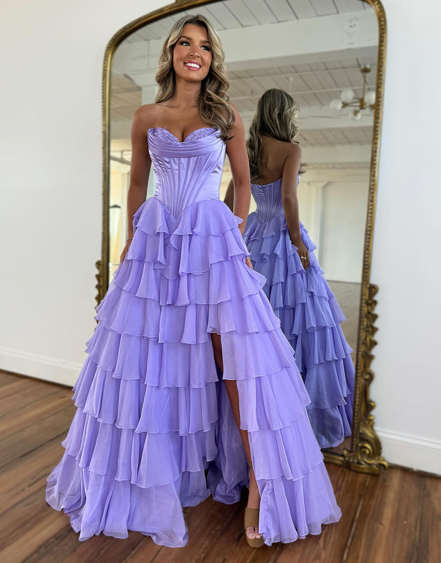 Blue A-Line Strapless Corset Tiered Long Prom Dress with Slit