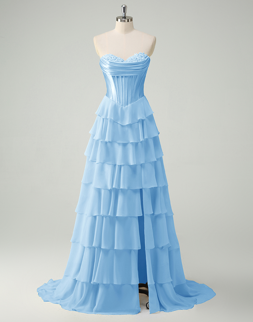 Blue A-Line Strapless Corset Tiered Long Prom Dress with Slit