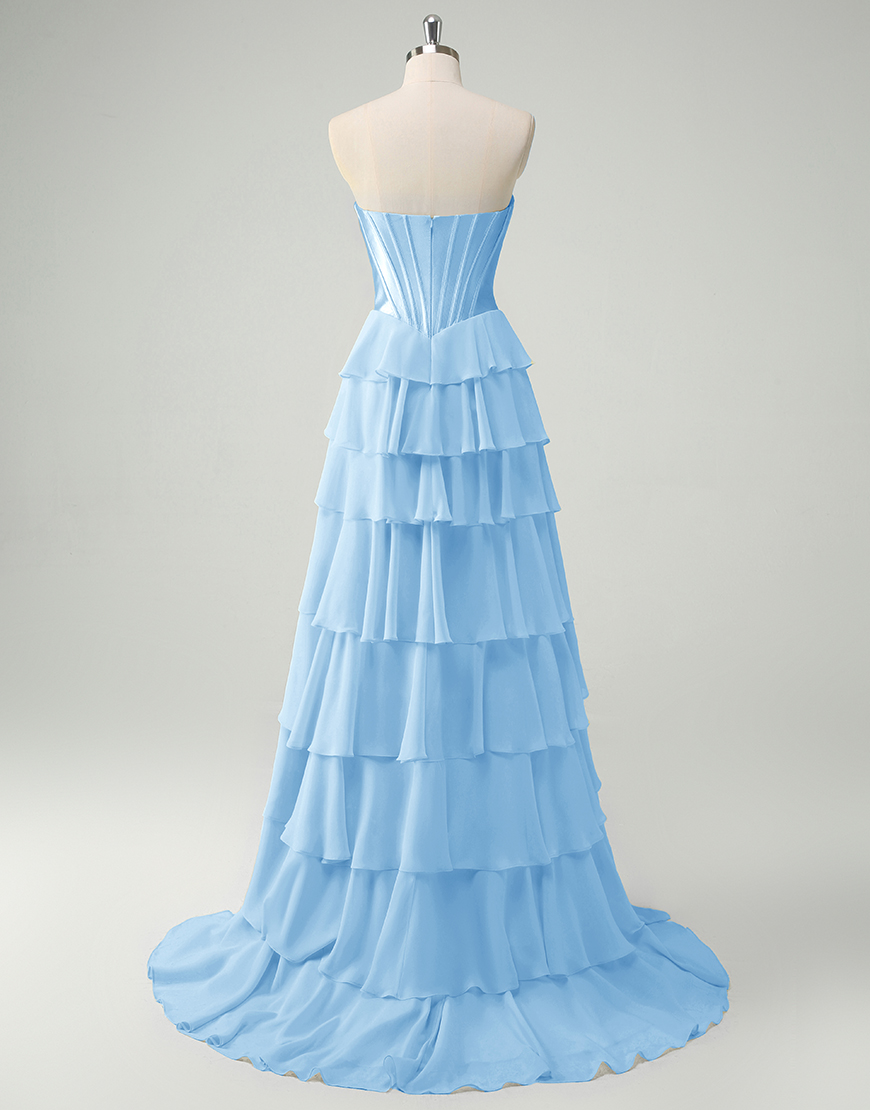 Blue A-Line Strapless Corset Tiered Long Prom Dress with Slit