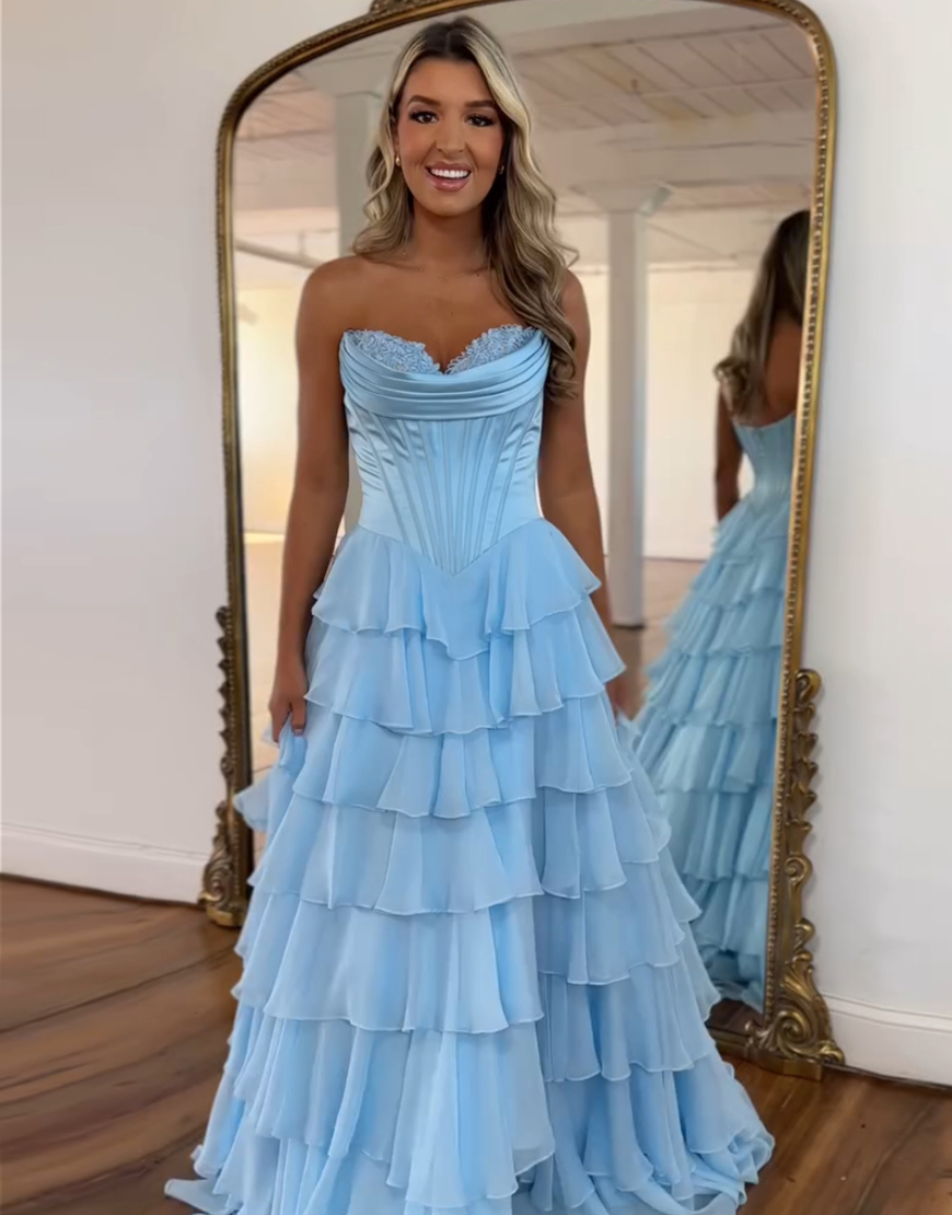 Blue A-Line Strapless Corset Tiered Long Prom Dress with Slit