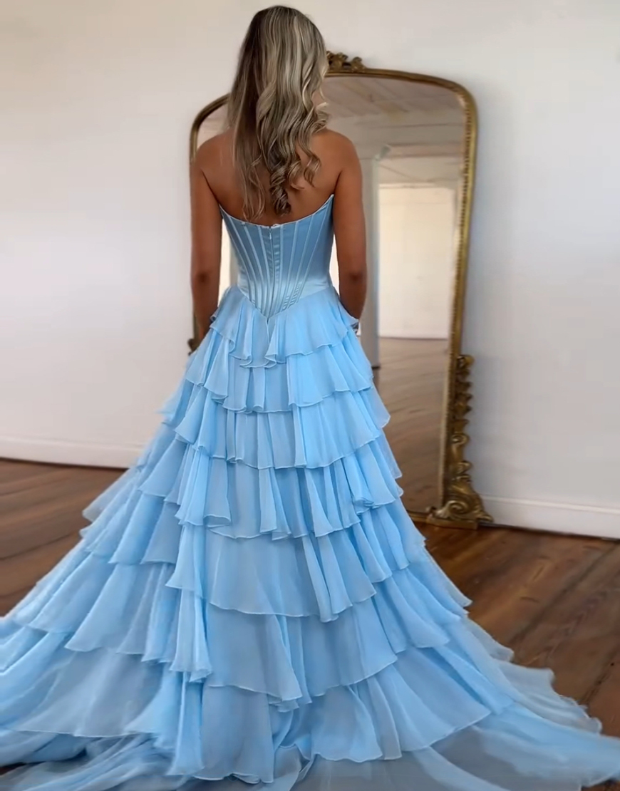 Yellow A-Line Strapless Tulle Chiffon Long Corset Prom Dress with Slit