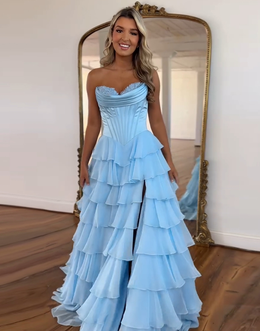 Blue A-Line Strapless Corset Tiered Long Prom Dress with Slit