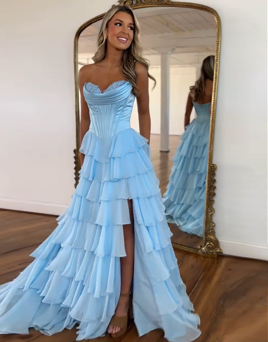 Blue A-Line Strapless Corset Tiered Long Prom Dress with Slit