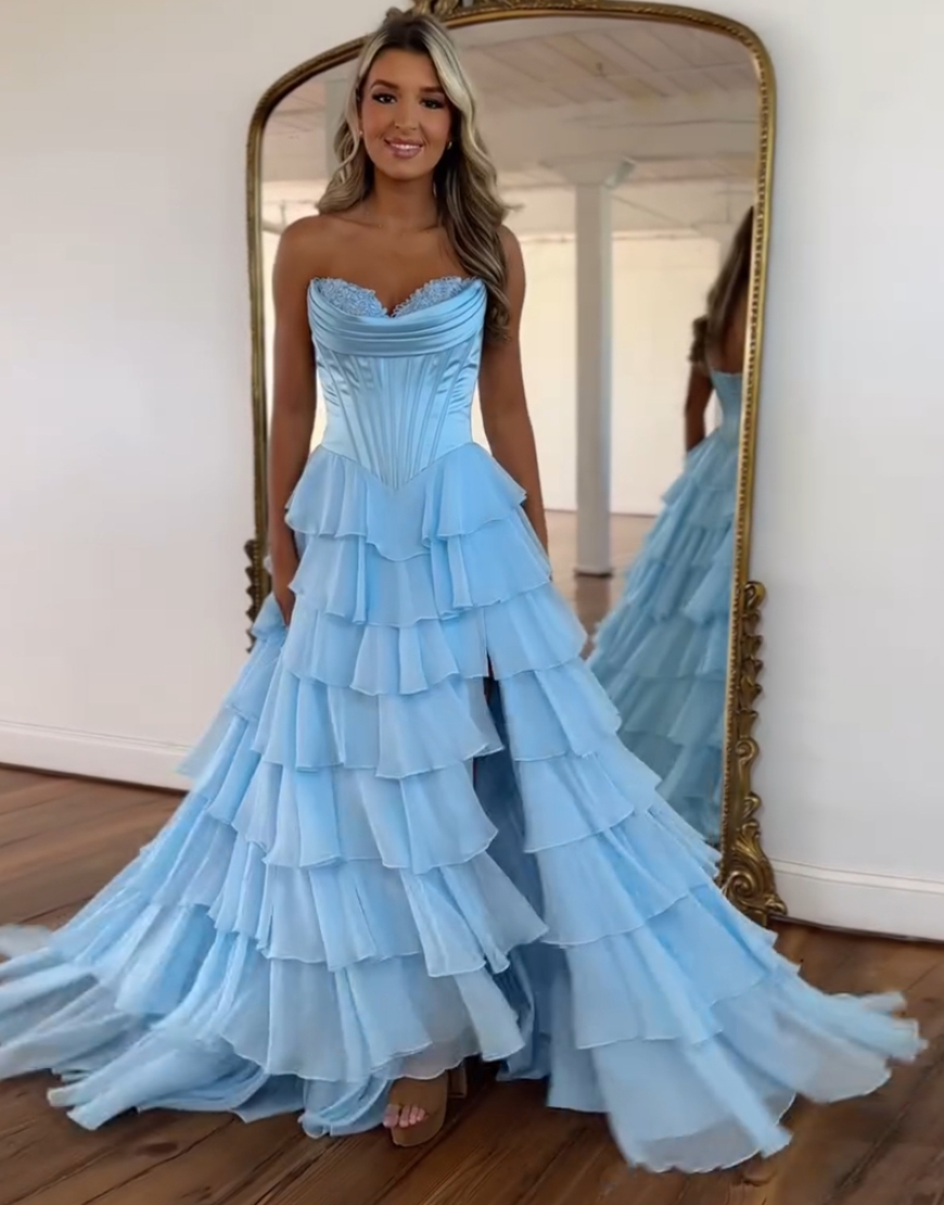 Blue A-Line Strapless Corset Tiered Long Prom Dress with Slit