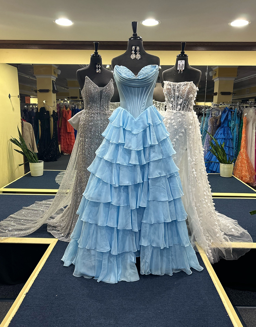 Blue A-Line Strapless Corset Tiered Long Prom Dress with Slit